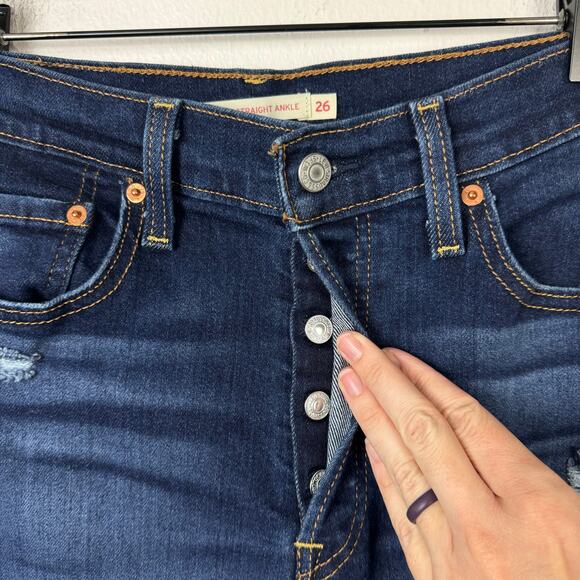 Levi's | Dark Wash Ribcage Straight Ankle Distressed High Rise Button Fly Jeans - Picture 6 of 10